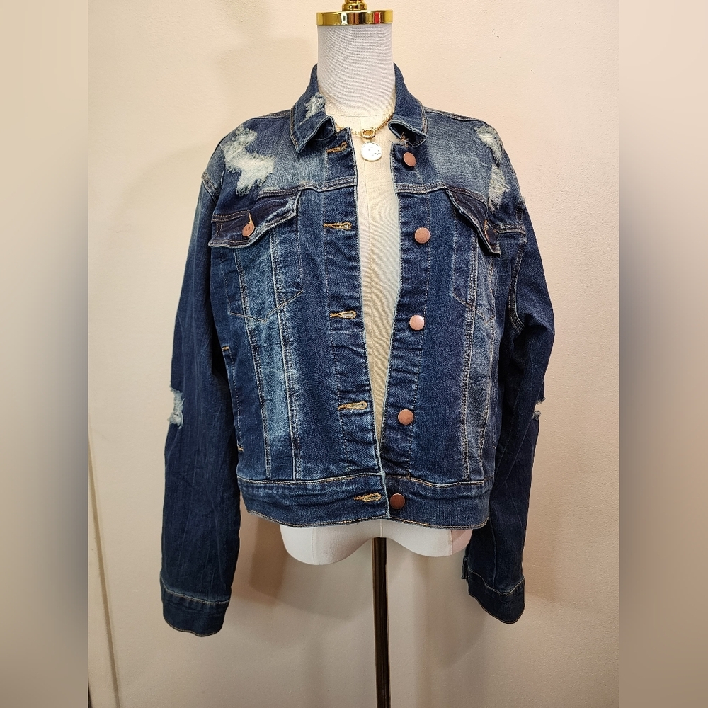 Fashion Nova Distressed Blue Denim Jacket Size 1X Plus Size